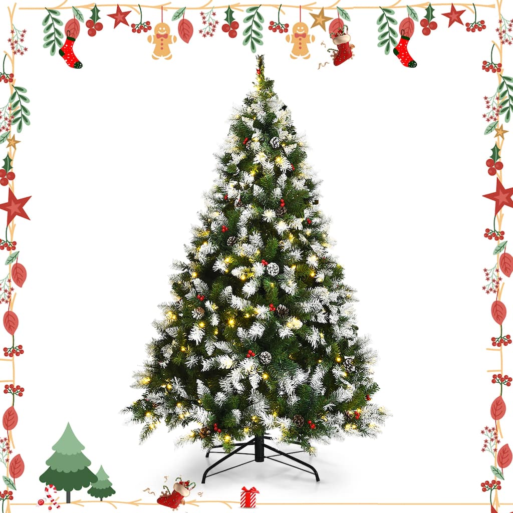 Snow Flocked Pencil Christmas Tree with Red Berries and Metal Base