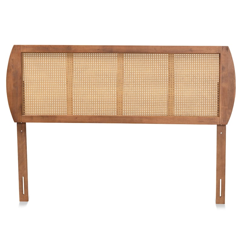 Mid-Century Modern Ash Walnut Wood and Synthetic Rattan Queen Size Headboard with Coastal Boho Detailing