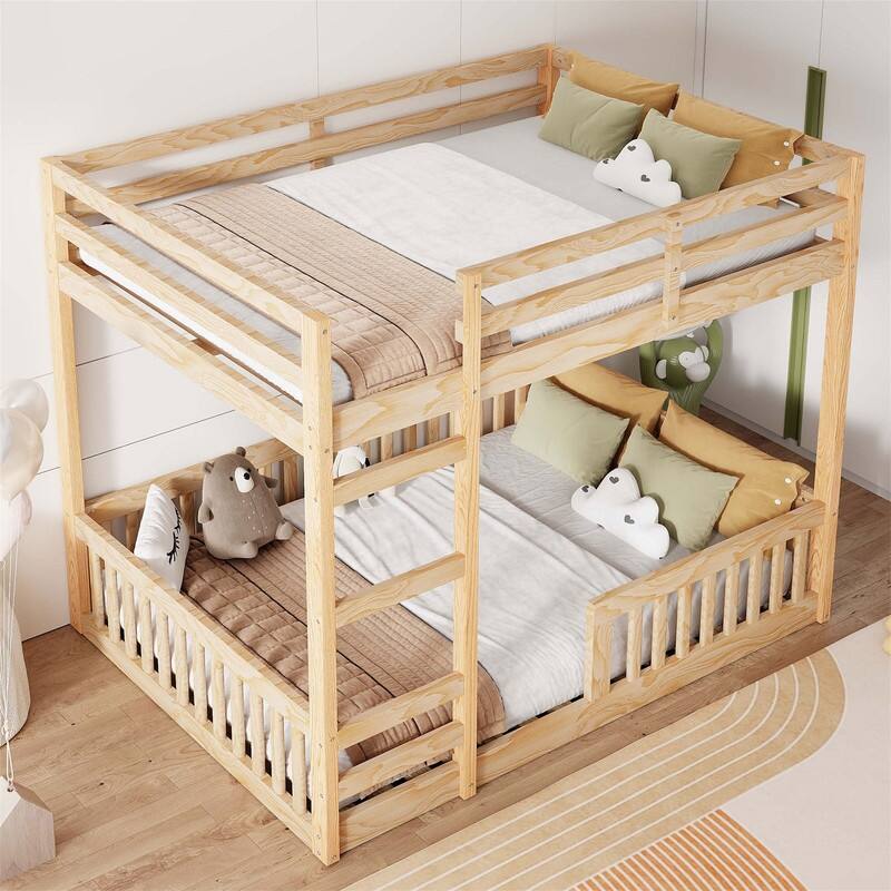 Full over Full Size Bunk Bed with Ladder and Guardrails, Wooden Floor Bunk Bedframe with Slats Support for Kids