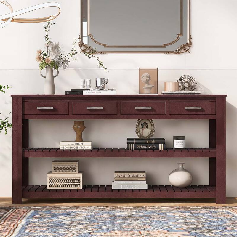 Stylish Entryway Console Table with Four Drawers and Two Shelves