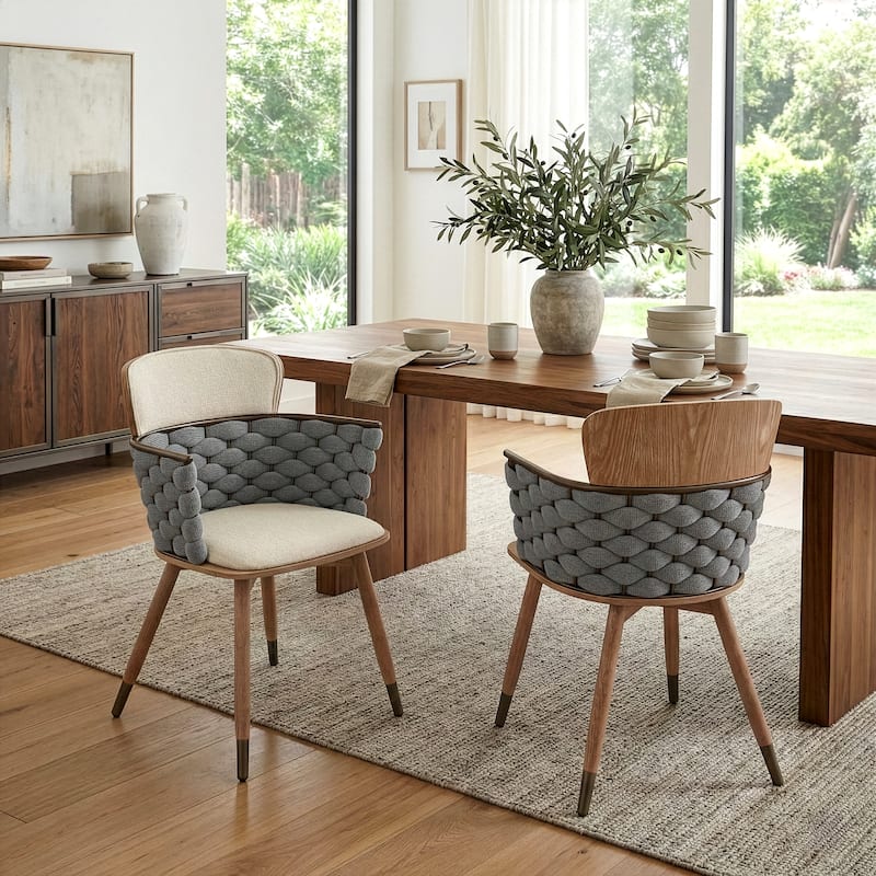 Set of 2 Bechor Beige and Gray Woven Fabric Dining Chair with Natural Wood Legs
