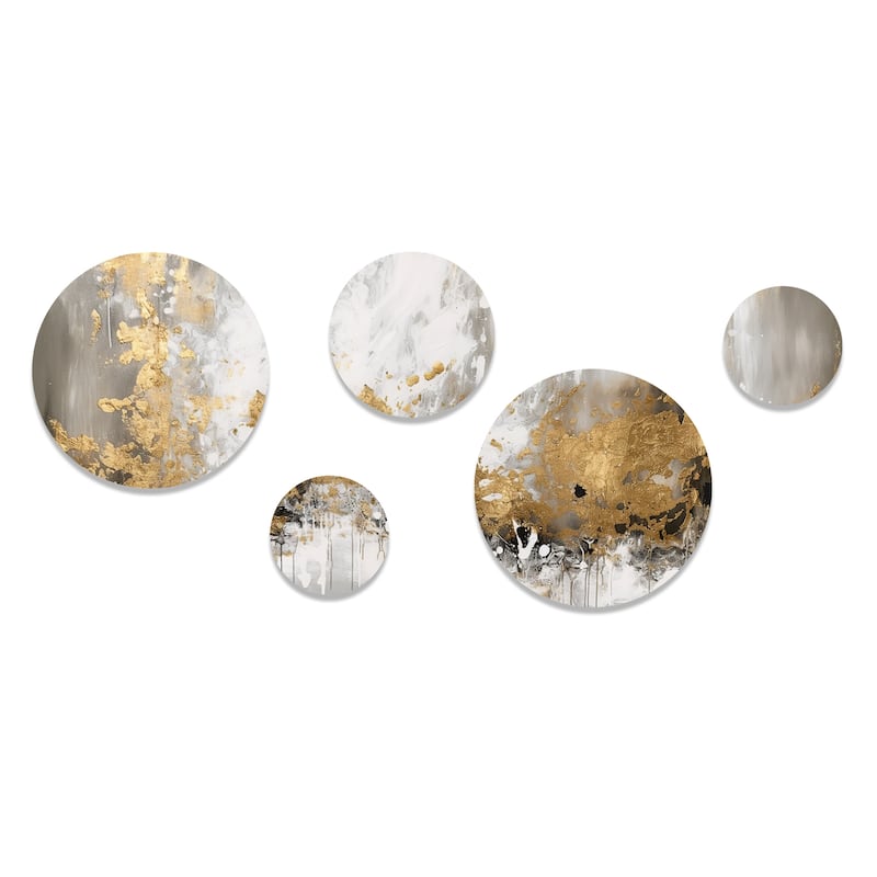 Designart "Gold and White Abstract" Abstract Painting Metal Wall Art Decor Set Of 5
