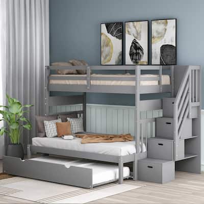 Twin Over Full Bunk Bed with Twin Trundle and Storage Stairs, Space-Saving Design, No Box Spring Needed