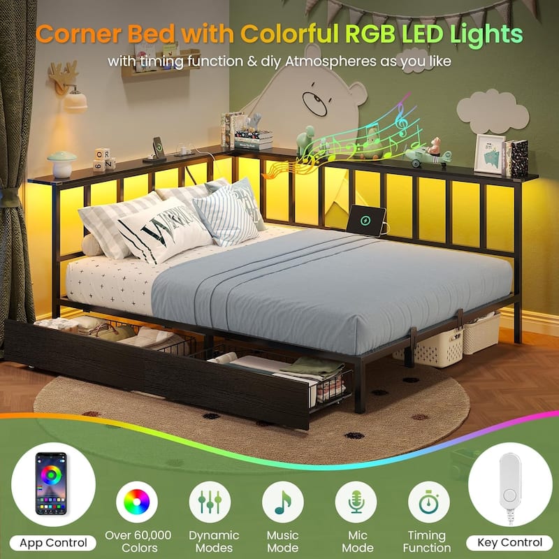 Corner Bed Frame 2 Storage Drawers Daybed Charging Station LED Lights