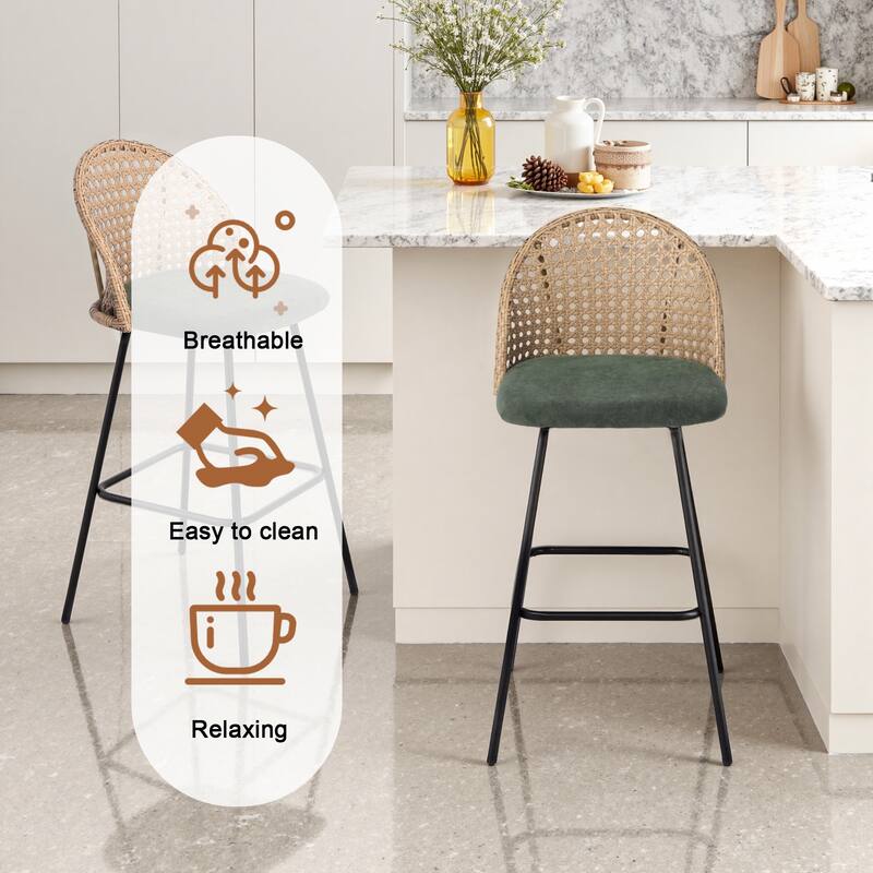 Coastal Rattan Back Counter Height Upholstered Bar Stools