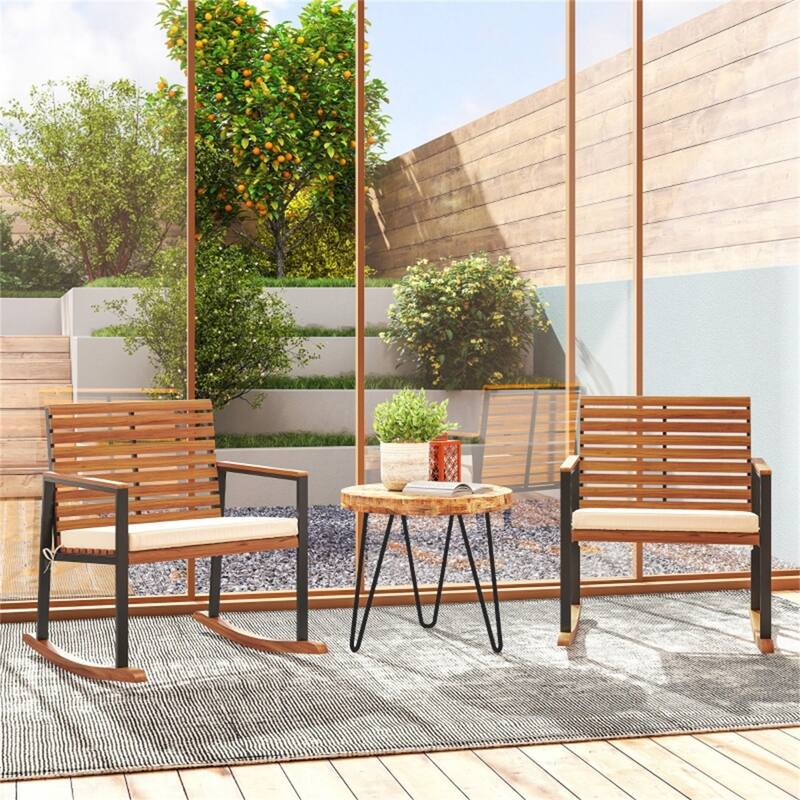 Cream White Acacia Wood Steel Rocking Chairs with Cushions Set of 2 - 26.8" W x 31.5" D x 32.7" H