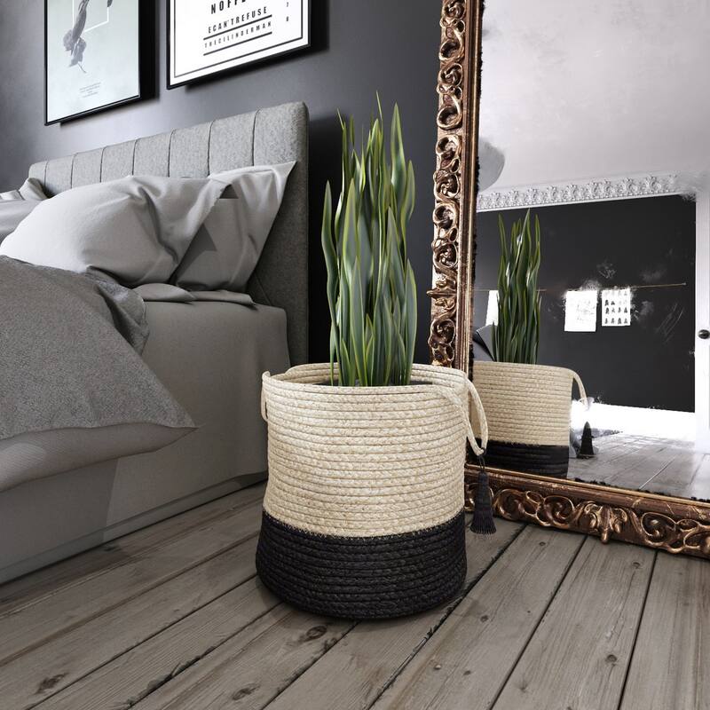 Sevita Two-Tone Off-White Jute Decorative Storage Basket with Handles