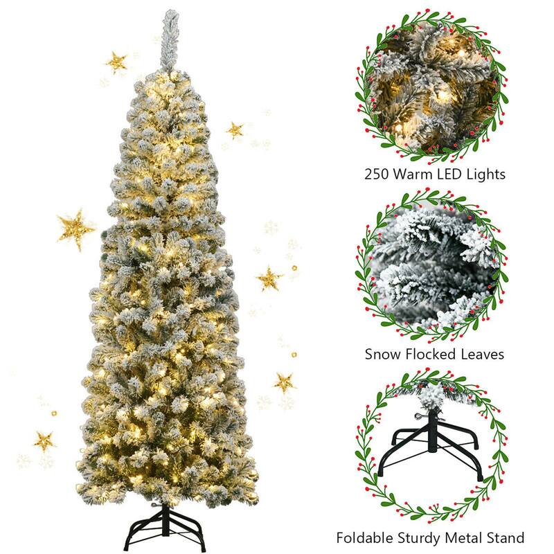 Gymax 6ft Pre-lit Pencil Snow Flocked Pencil Christmas Tree Holiday - See Details