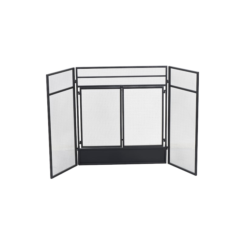 Metal Geometric 3 Panel and 2 Door Fireplace Screen with Mesh Backing - Black - Roche River Decor - 19"W x 27"L x 30"H