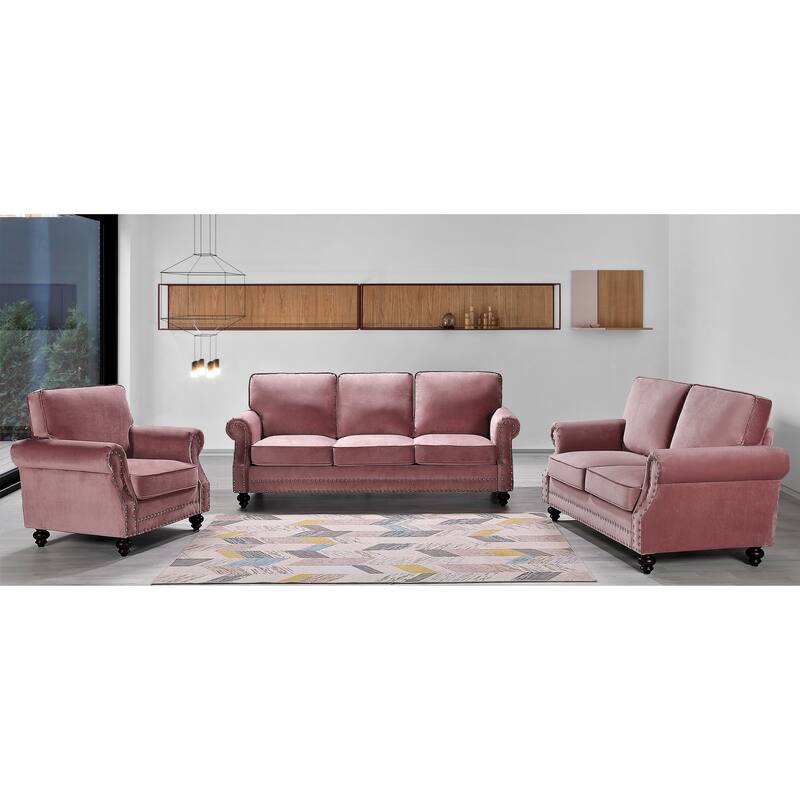 Ramos Nailhead Velvet 3-Piece Set-Loveseat Sofa and Chair