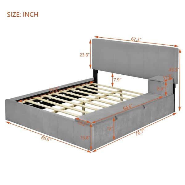 dimension image slide 1 of 2, Full Velvet Platform Bed with Lateral Storage and Cushioned Compartments
