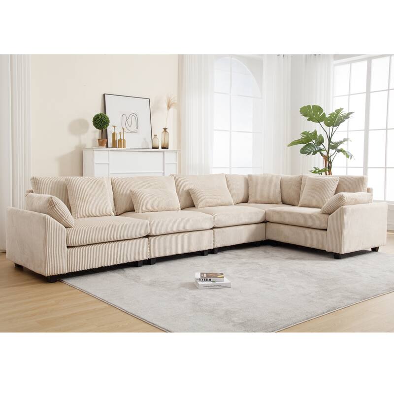 Oversized Modular Convertible Corduroy Fabric Sectional Sofa, Beige