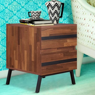 Two Drawers Wooden End Table with Angled Leg Support, Brown and Black - 23 H x 20 W x 18 L Inches
