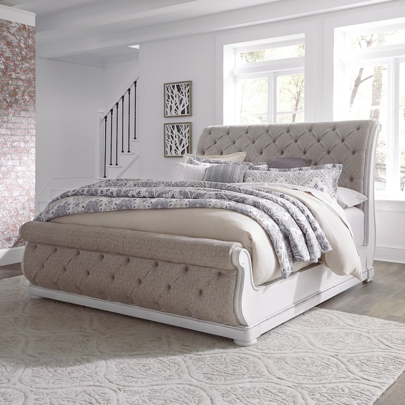 Magnolia Manor Antique White Weathered Bark King California Upholstered Sleigh Bed - Antique White