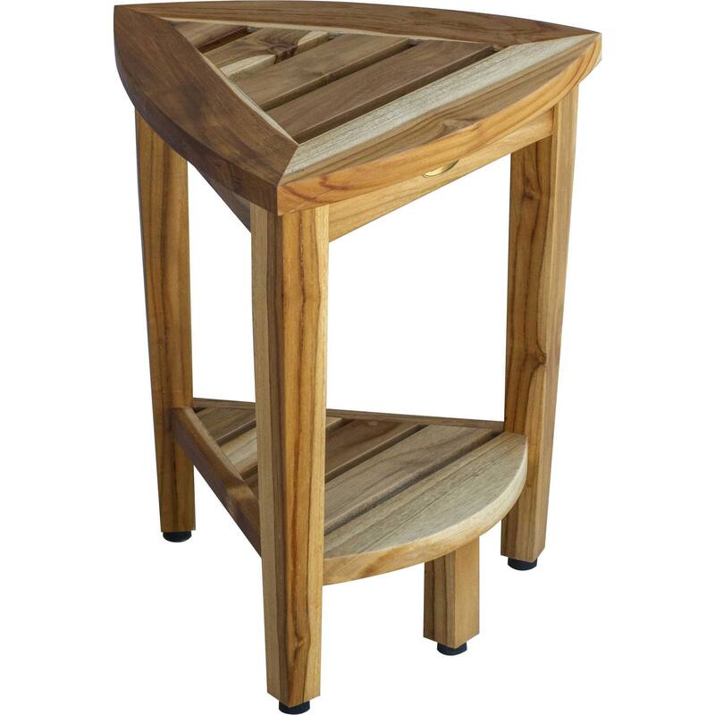 Compact Teak Corner Shower / Outdoor Bench with Shelf in Natural Finish