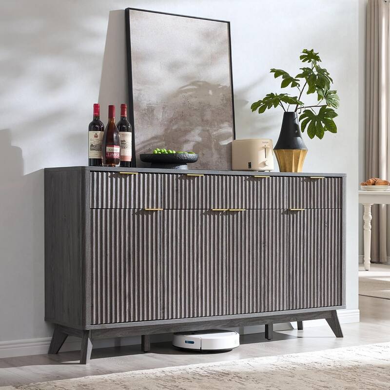 Modern Fluted Buffet Sideboard Cabinet, Buffet Table Coffee/Wine Bar - Dark Alder