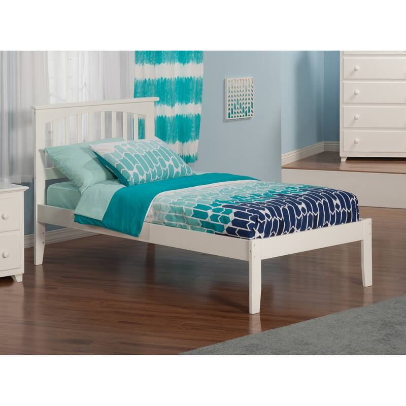 Twin XL Platform Bed - White Finish, Open Footboard, Slats & Decorative Headboard