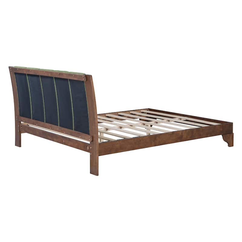 Pine Wood Bed Frame Mid Century Modern Platform Bed with Green Upholstered Headboard, Wood Slat Support Low Profile Wingback Bed