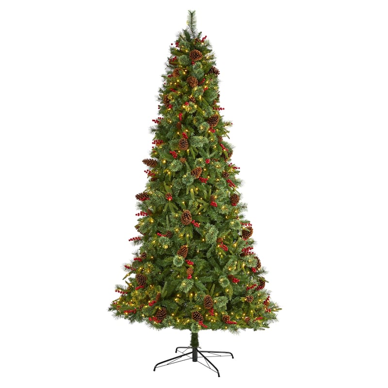 9ft Artificial Christmas Tree with Lights - Holiday Decor, Pine Cones & Berries, Festive Tree for Home - Green - 108