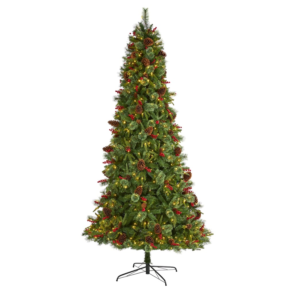 9ft Artificial Christmas Tree with Lights - Holiday Decor, Pine Cones & Berries, Festive Tree for Home - Green - 108