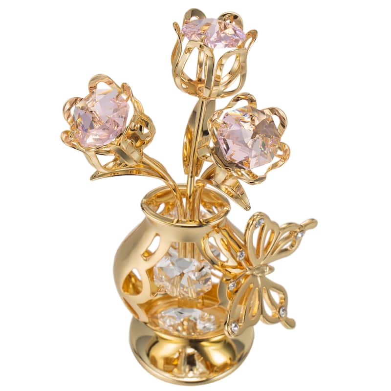 Matashi 24K Gold Plated Crystal Studded Flower Ornament in a Vase with Decorative Butterfly for gifts and home decor