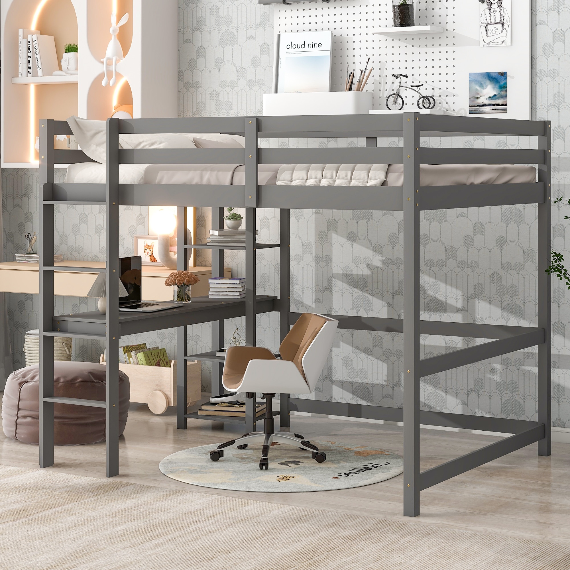 Full Size Wooden Loft Bed with Desk Shelves Under Bed storage