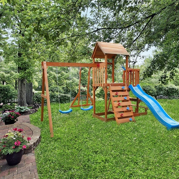 ALEKO Outdoor Playset with Canopy, Slide, Swing, Monkey Bar, Climbing Wall - Multicolor. Opens flyout.