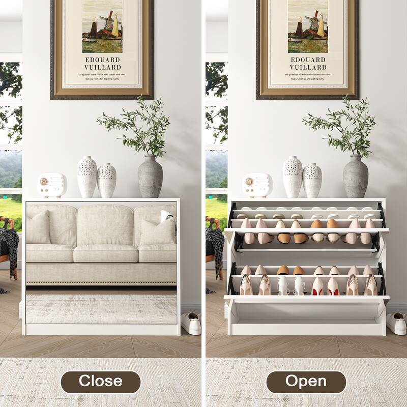 Mirror Shoe Storage Cabinet, Freestanding Narrow Slim Shoe Organizer, Hidden Shoe Rack with 3 Layers Flip Drawer