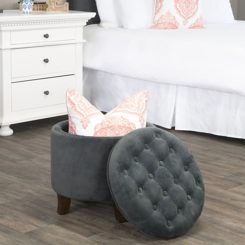 HomePop Velvet Round Storage Ottoman Gunmetal