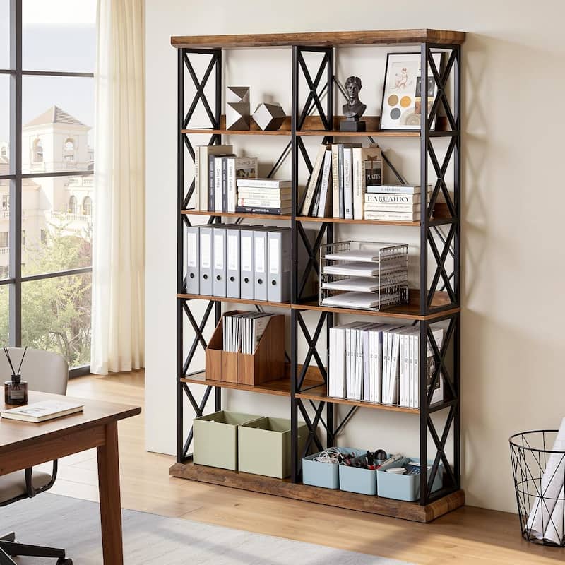 75" Tall Industrial Bookshelf, 6-Tier Wide Wooden Bookcase with 12 Shelves - 47.2" W x 11.8" D x 75" H