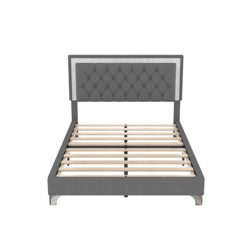 Full Size Upholstered Bed Frame with LED Lights, Modern Velvet Platform Bed with Tufted Headboard, Pink