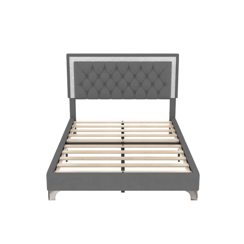 LED Platform Bed Frame Tufted Headboard Both Sides LED Button Low Profile Bed, Velvet Upholstered Panel Bed