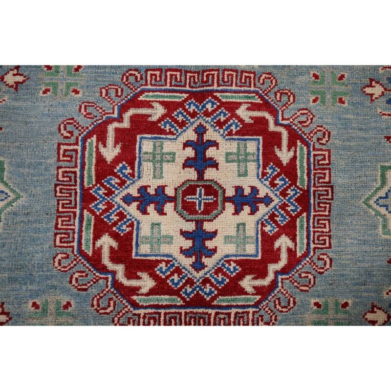 Blue Geometric Kazak Oriental Area Rug Hand-Knotted Wool Carpet - 5'0" x 6'6"