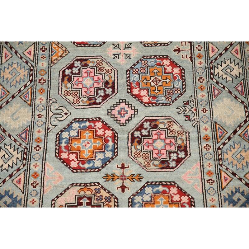 Geometric Kazak Rug Hand-Knotted Blue Wool Carpet - 3'3"x 4'11"