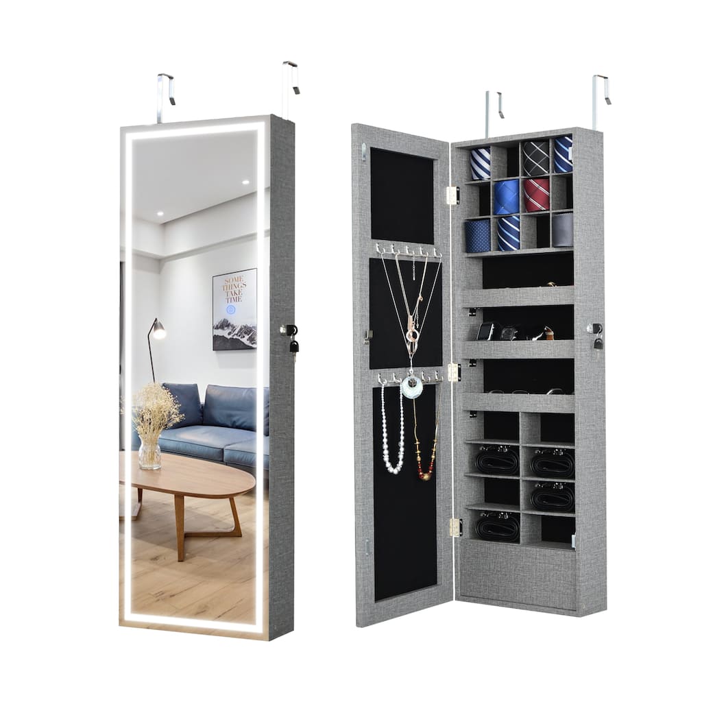 Anmytek Jewelry Storage Mirror Cabinet With LED Lights Can Be Hung On The Door Or Wall