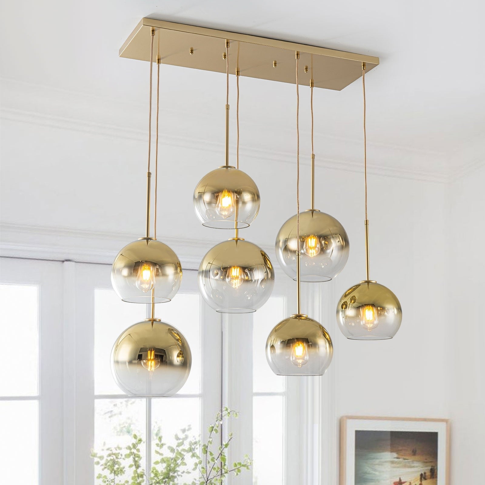 7-Light Cluster Glass Island Pendant Electroplated Globe Chandelier Dining Kitchen - 41.7 in