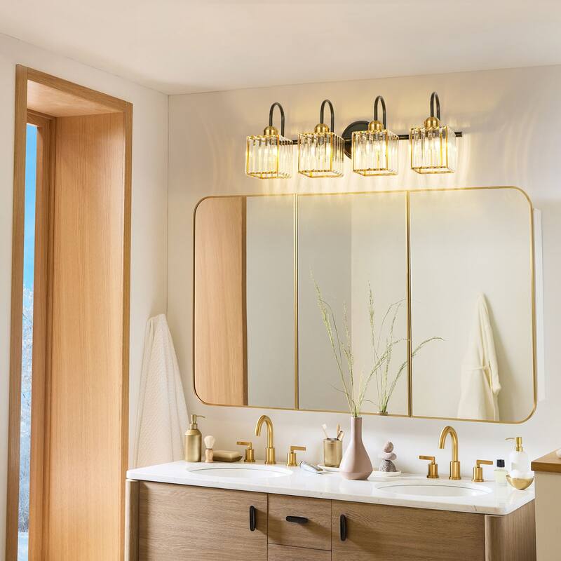 3/4-Light Mid-Century Modern Black and Gold Bathroom Vanity Light Cylinder Crystal Wall Sconces Lighting
