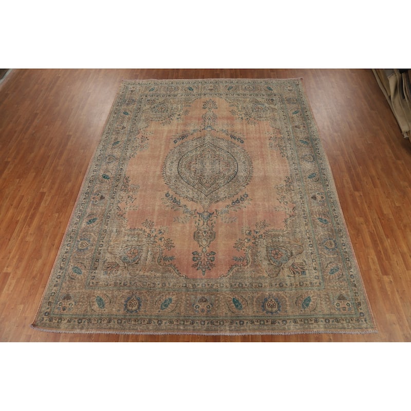 Tabriz Persian Vintage Area Rug Hand-Knotted Orange Wool Carpet - 9'7" x 12'8"