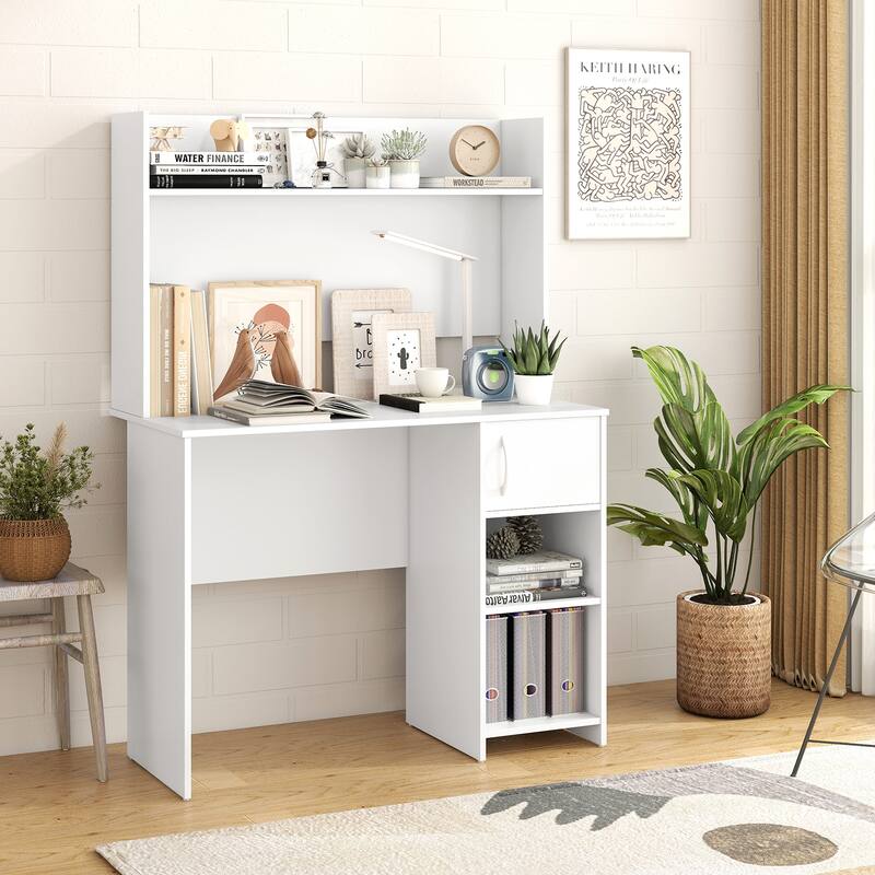 Gymax Computer Desk Home Office Desk w/ Raised Display Shelf & 2 Open