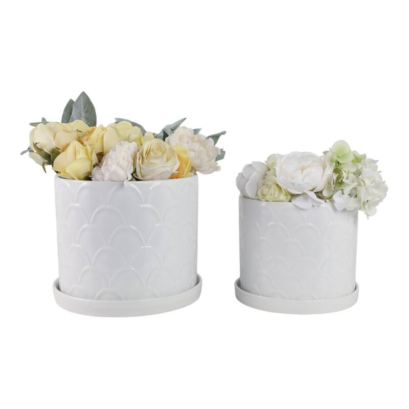 Ceramic Scallop Embossed Planters - Set of 2, 12",10", White - 11.75"