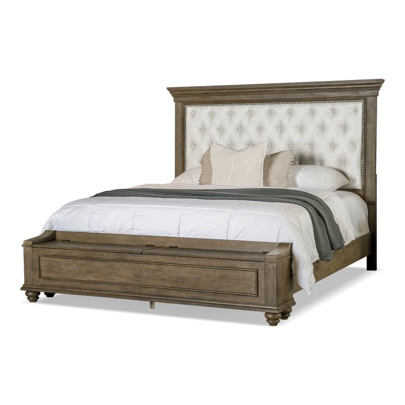 Furniture of America Rubb 6-Piece Aged Oak Wood Tufted Panel Bedroom Set with Storage Footboard Bench