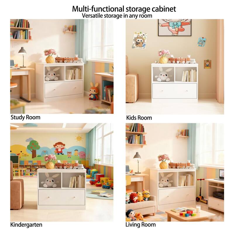 Modern White Storage Cabinet with Open Shelf and Drawer - Kids Playroom and Home Office Organizer