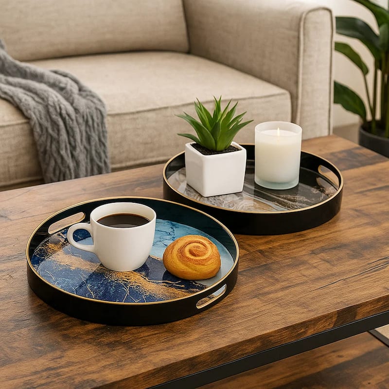 Set of 2 Round Decorative Trays, Tall Rims, Faux Marble, Blue, Gold