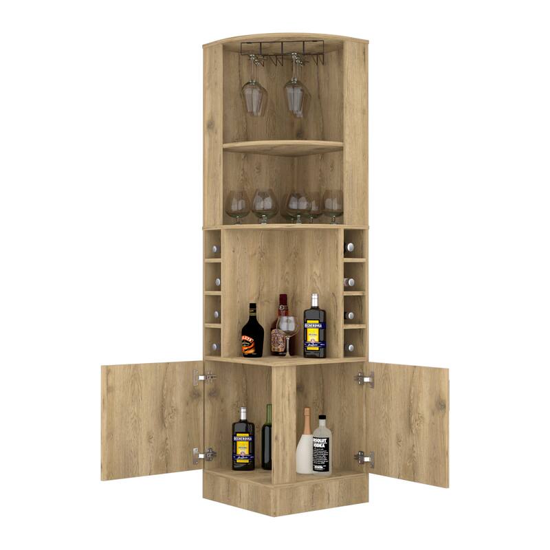 Syrah Corner Bar Cabinet, Eight Bottle Cubbies, Double Door, Two Open Shelves