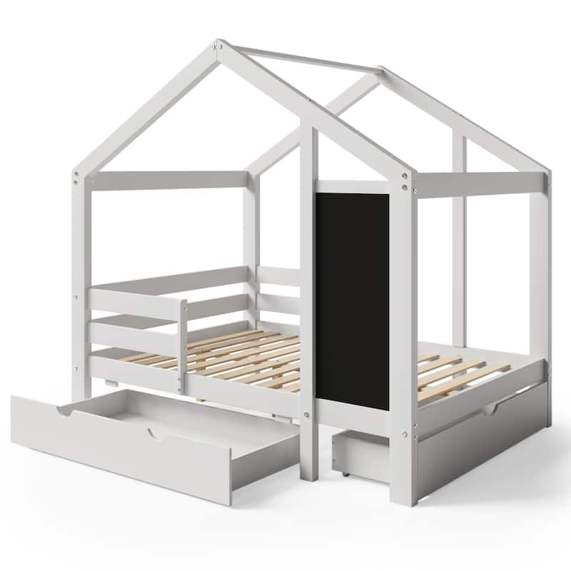 House Bed with Blackboard and Drawers, Two assembly options, White