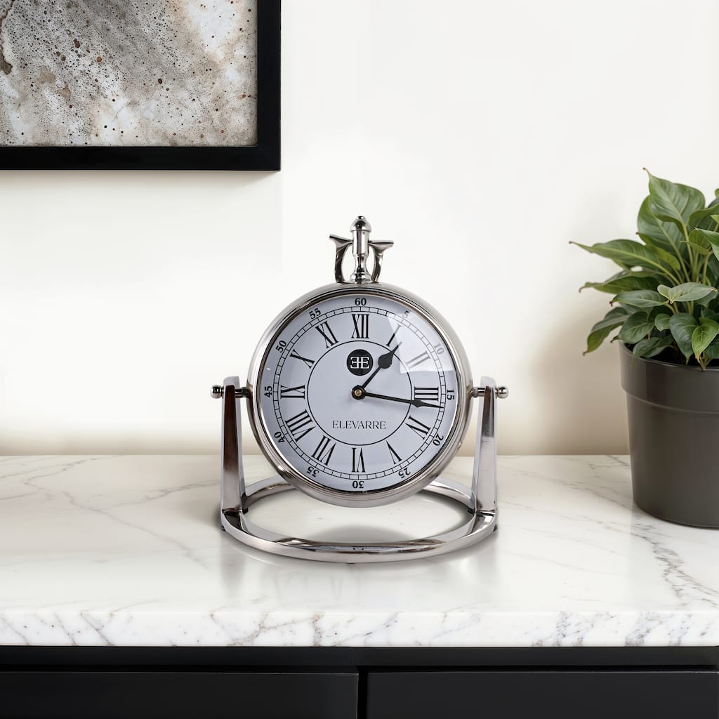 Metal Glass Desk Clock Roman Numerals Silent Movement and Pivot Stand - 9" x 9" x 10"