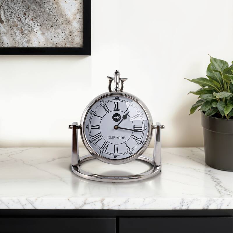 Metal Glass Desk Clock Roman Numerals Silent Movement and Pivot Stand - 9" x 9" x 10" - Black