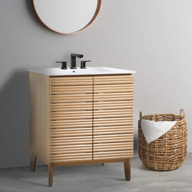 Javer Thin Linear Slat Modern Farmhouse 2-Shelf Bath Vanity Cabinet Only (Sink Basin not Included), by JONATHAN Y