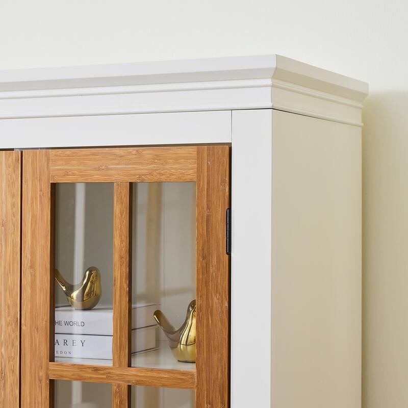 71.2'' Freestanding Pantry Cabinet with Glass Door, Farmhouse Display Cabinets with Storage, Curio Cabinet with Lattice Window