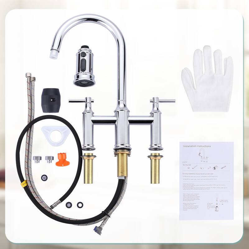 WOWOW Double Handle Pull Down Sprayer Bridge Kitchen Faucet